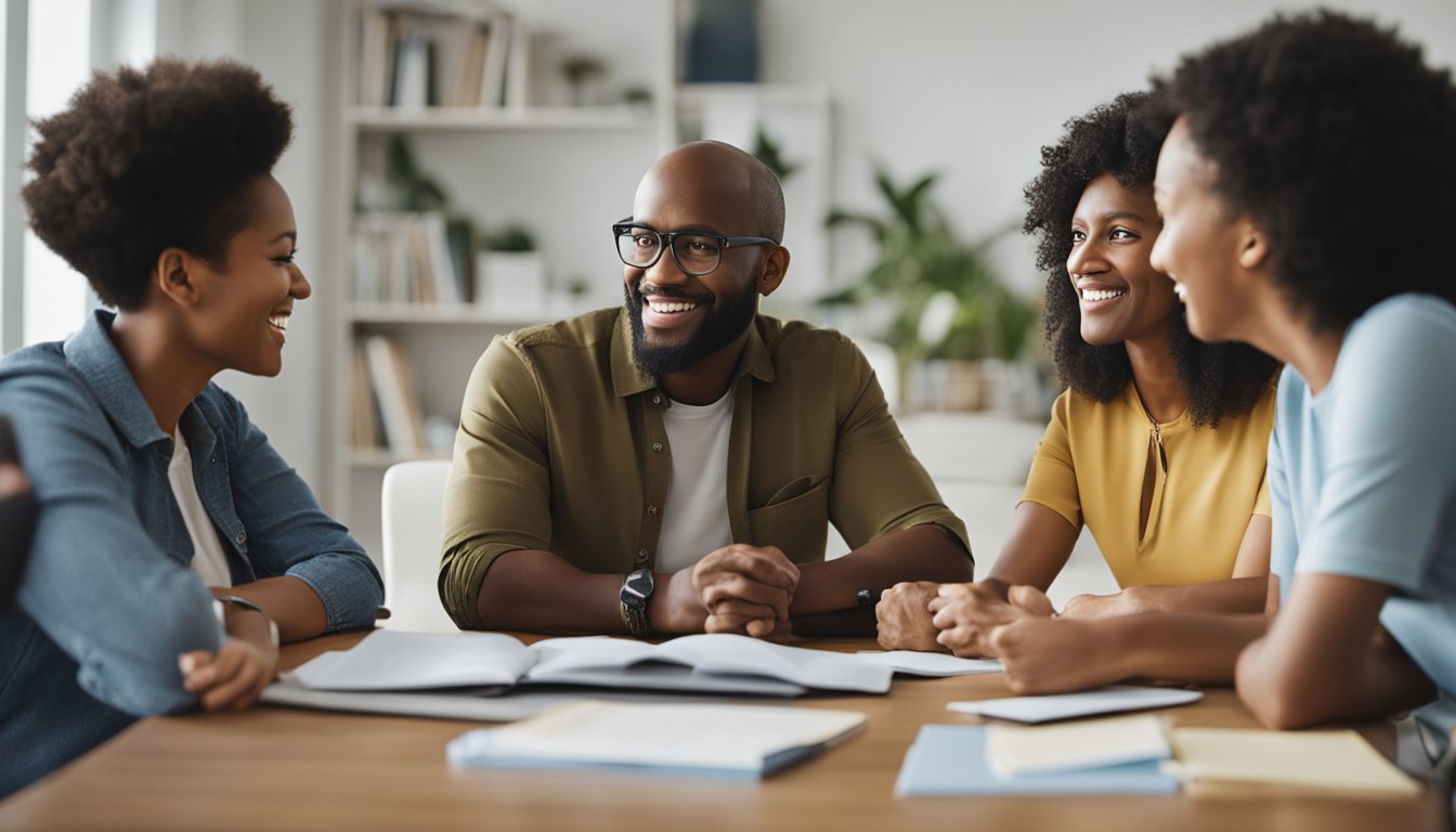 A group of diverse parents engaging in discussion, surrounded by educational materials and resources