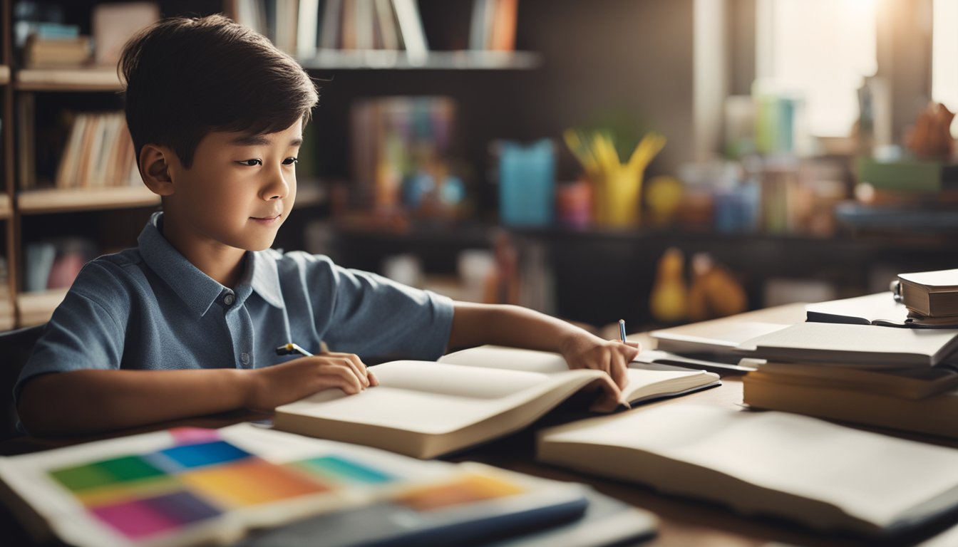 A child sits at a desk surrounded by books, notebooks, and art supplies. They are engaged in independent study, using practical strategies to enhance their learning