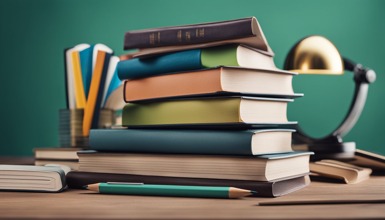 A stack of colorful books and notebooks arranged neatly on a desk, accompanied by a pencil, ruler, and a magnifying glass