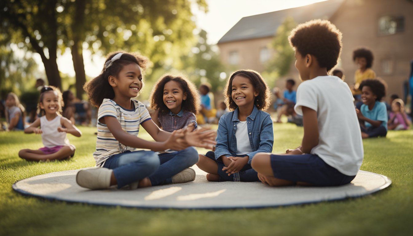 A group of children sit in a circle, listening to a musician play various instruments. Smiles light up their faces as they tap their feet to the rhythm