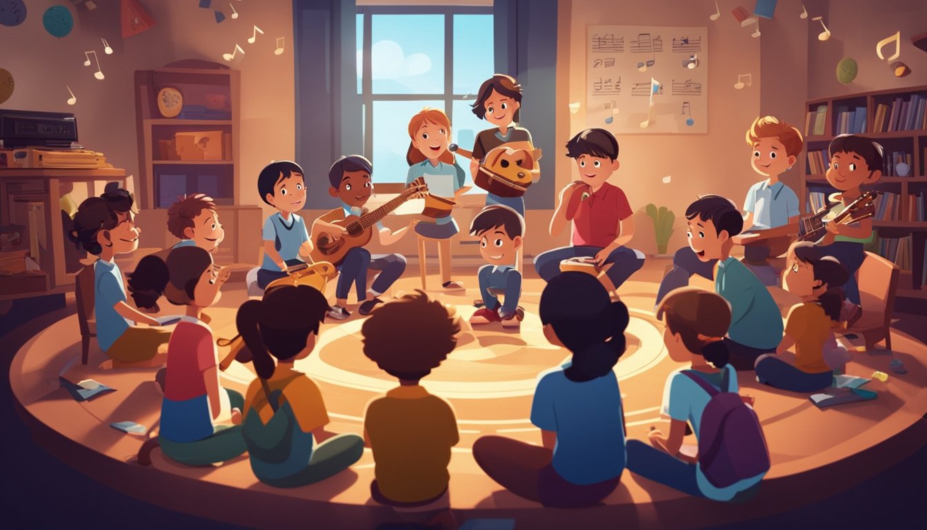 A group of children sit in a circle, playing various musical instruments and singing along with a music teacher. The room is filled with colorful posters and musical notes