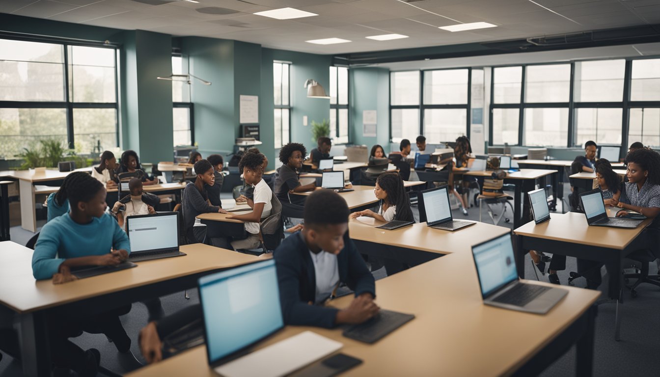 A classroom setting with diverse learning materials, interactive technology, and engaged students working collaboratively on challenging academic tasks