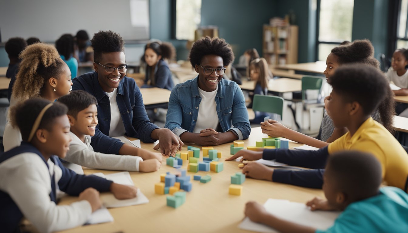 A group of diverse students engage in collaborative learning activities, while a teacher provides individualized support and enrichment materials