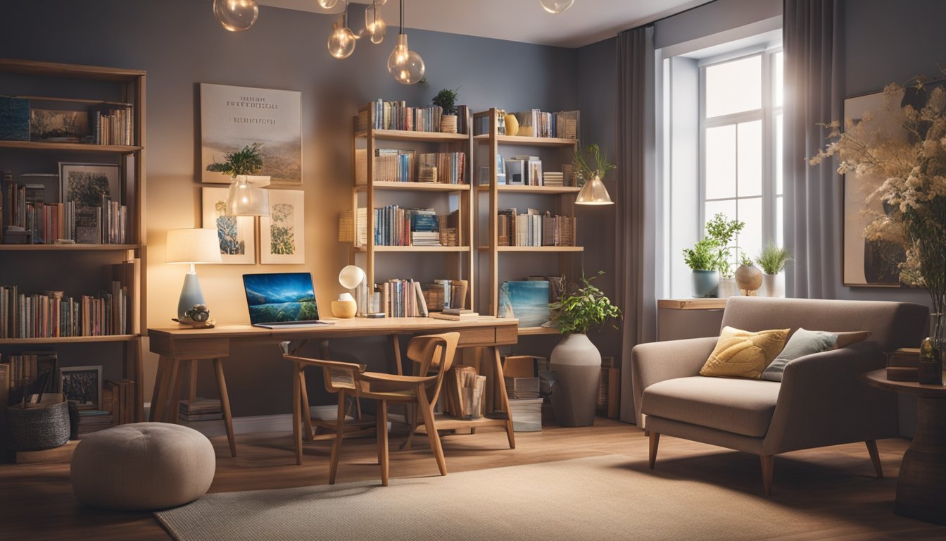 A cozy living room with soft lighting, comfortable seating, and colorful artwork on the walls. A bookshelf filled with children's books and a desk with art supplies