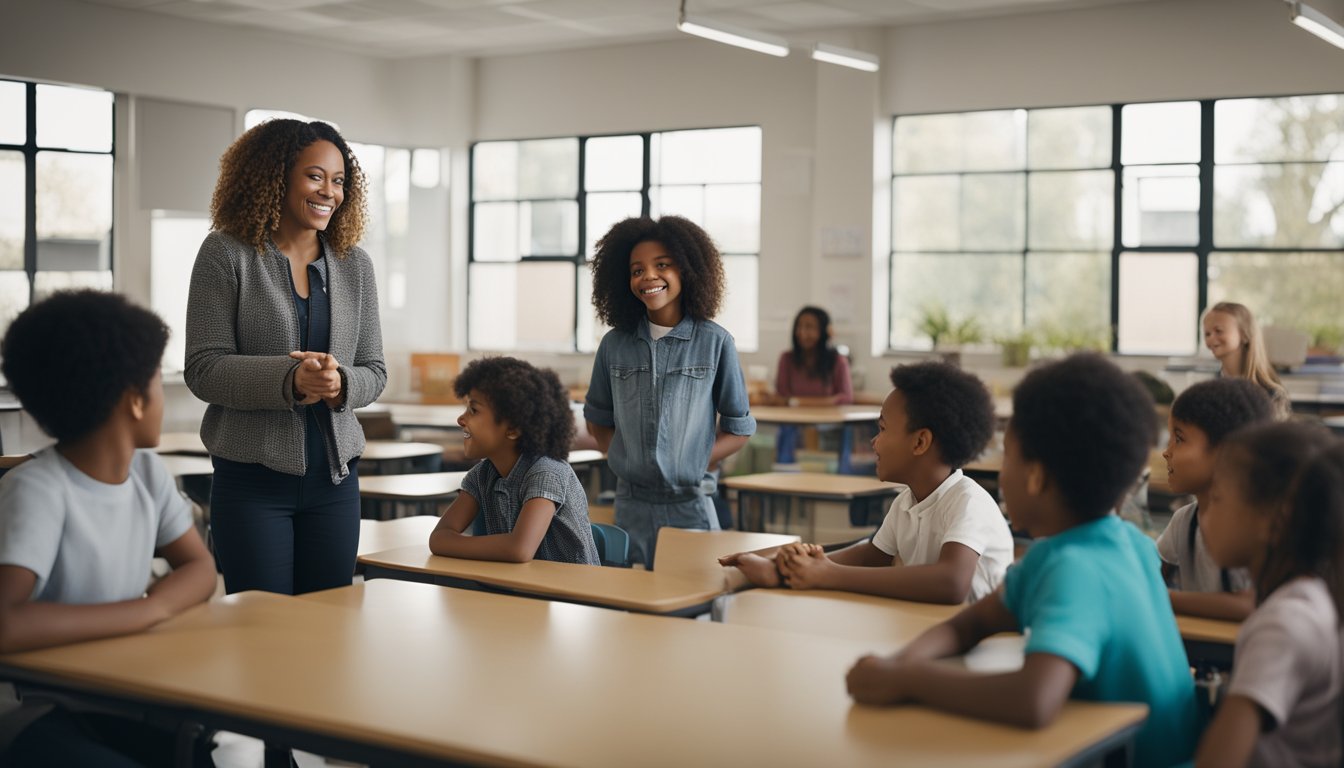 A classroom with diverse students engaged in various activities, such as group discussions, art projects, and mindfulness exercises, while a supportive teacher observes and interacts with the children