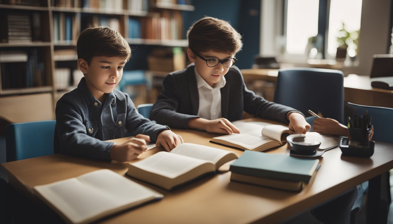 A child sitting at a desk with a variety of educational materials spread out, while a tutor stands nearby, pointing to a book and engaging in conversation