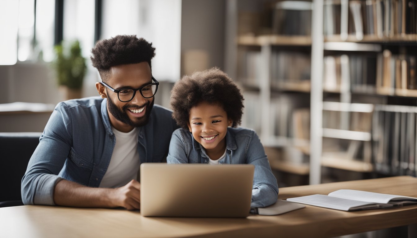 A parent and child looking at a variety of tutor profiles online, comparing qualifications and reviews