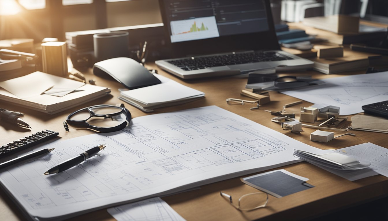 A group of diverse tools and materials scattered on a table, surrounded by sketches, diagrams, and notes. A computer displaying a project-based learning curriculum in the background