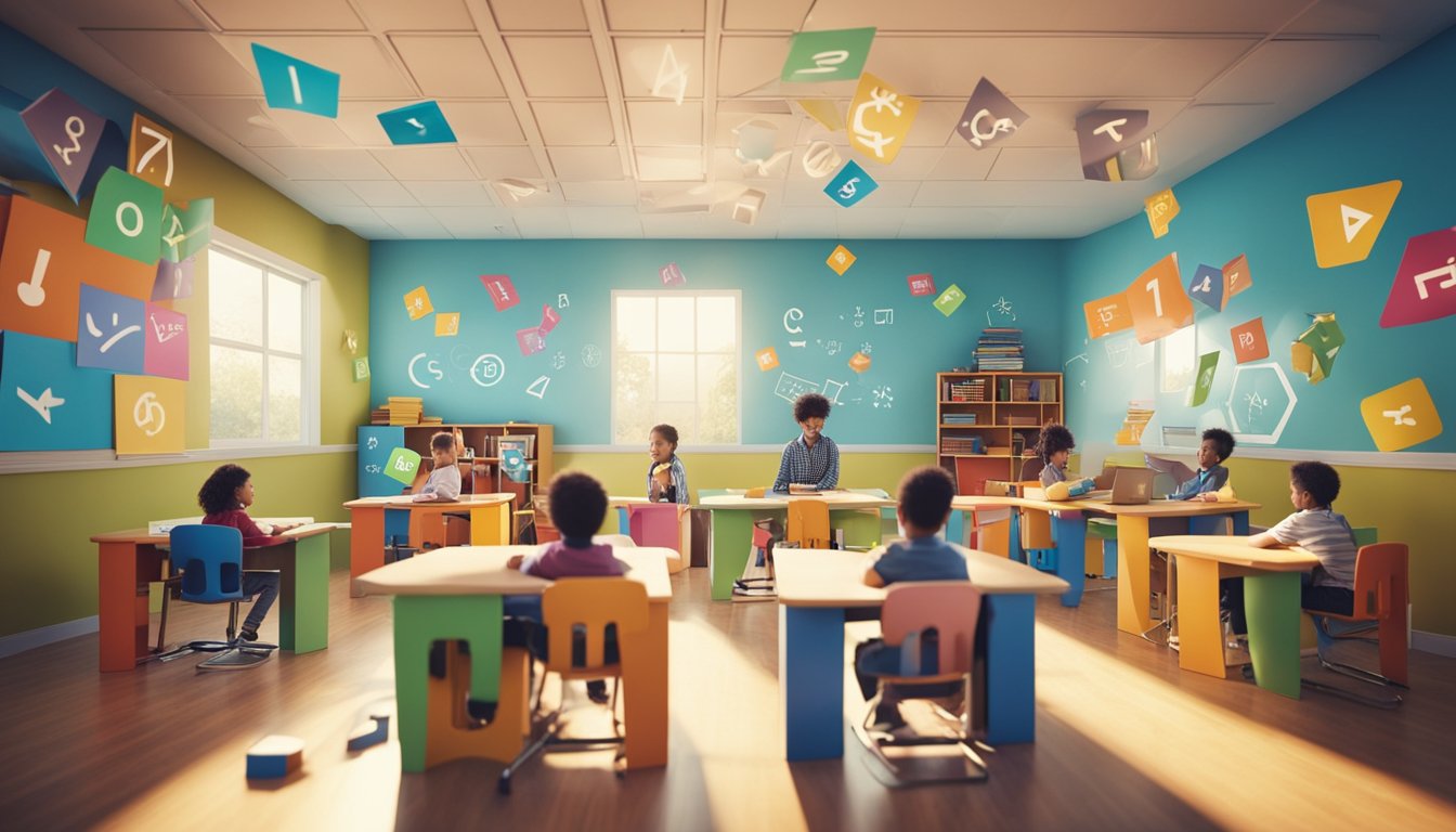 A colorful classroom with math symbols and shapes floating in the air, surrounded by happy, engaged young learners