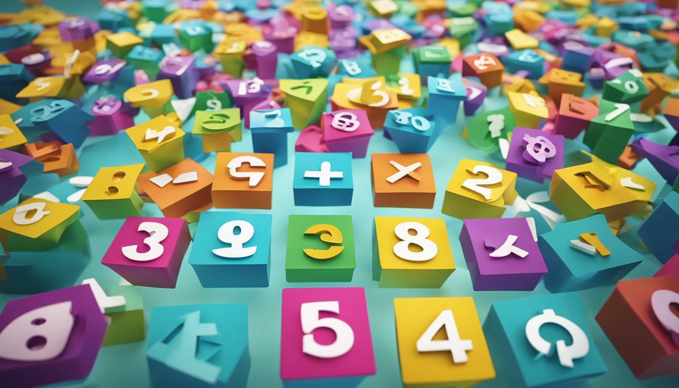 A colorful array of math symbols and shapes floating above a group of engaged young learners, with bright smiles and eager expressions