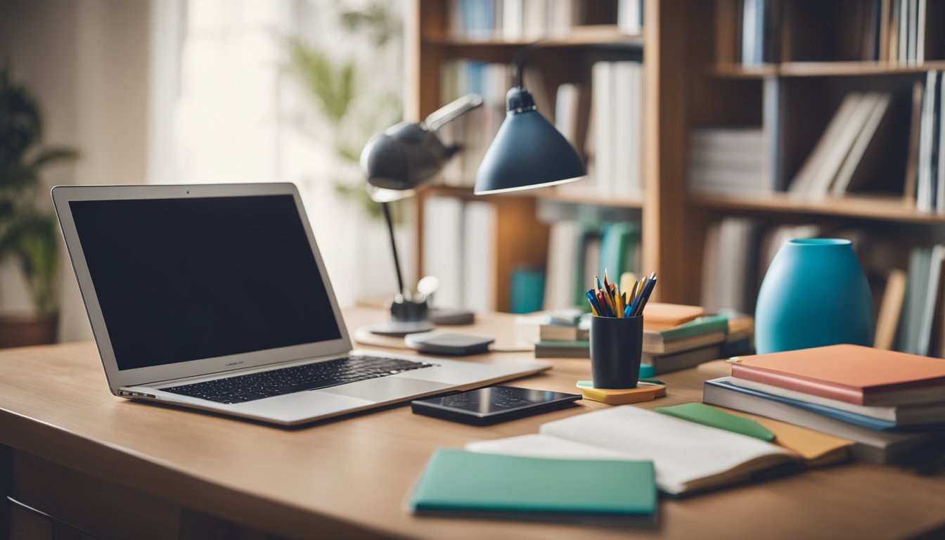 A cozy home setting with a desk surrounded by educational materials, digital devices, and colorful learning tools. A sense of curiosity and discovery fills the air