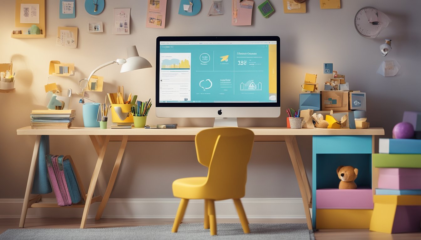 A cozy home setting with a child-friendly workspace, colorful educational materials, and interactive teaching tools arranged neatly on a desk