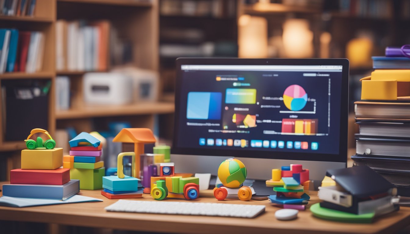 A stack of colorful educational materials surrounded by curious children's toys and a computer with teaching software open