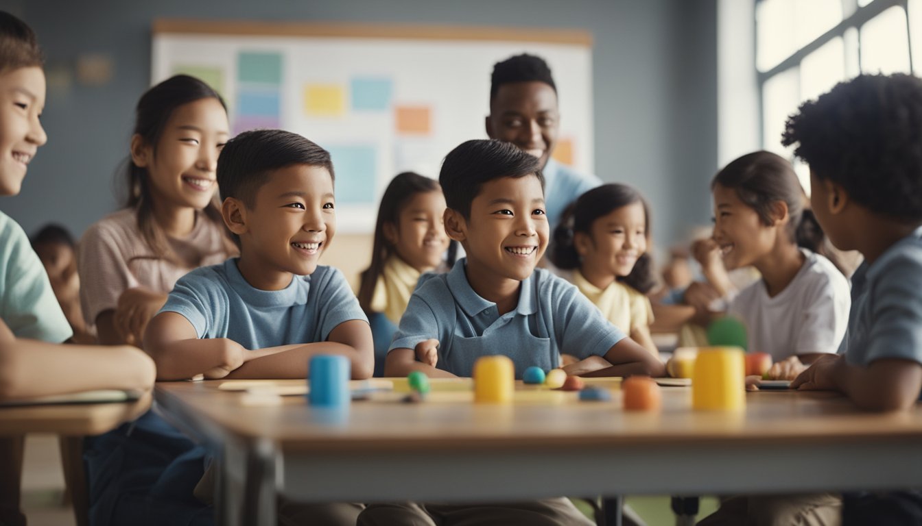 A group of parents and children participating in various school activities, such as sports, arts and crafts, and educational workshops