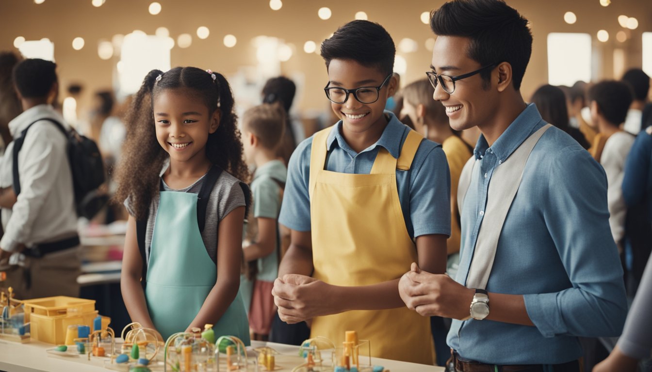 A group of parents and children participate in various school events, such as science fairs and art shows, showing high levels of engagement and support